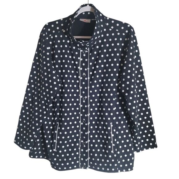 Quacker Factory Polka Dot Snap Button Top Womens Size 1X Black Mock Neck Pockets - Picture 1 of 9